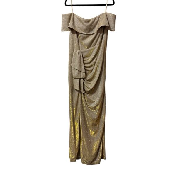 Xscape Off The Shoulder Gown Gold Leg Slit 16 - Picture 5 of 8